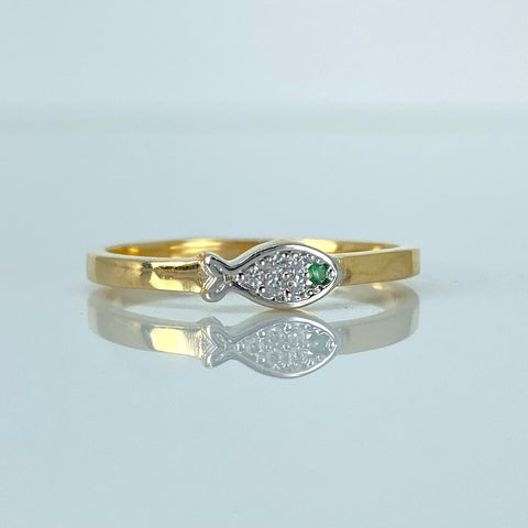 Anillo Pez Circones Blancos Verde Oro amarillo y Oro blanco 18k / Talla 6 1/4 / 1,73 Gr
