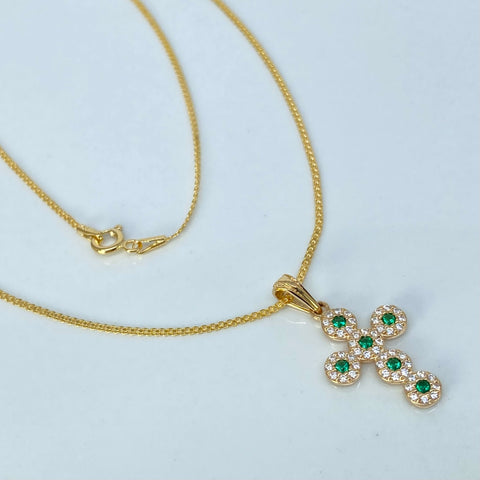 Set Cadena ● China + Dije Cruz Circones Blancos Verdes Oro amarillo 18k 3,1 Gr / 1 mm / 45 Cm †