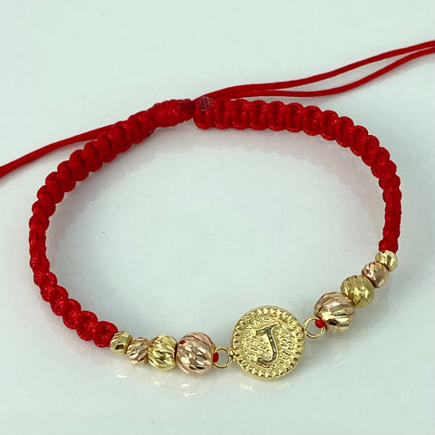 Pulsera tejida Herraje Letra J / BD 8uni 6/5/4/3mm / Hilo Rojo Oro amarillo 18k 1,29 Gr *