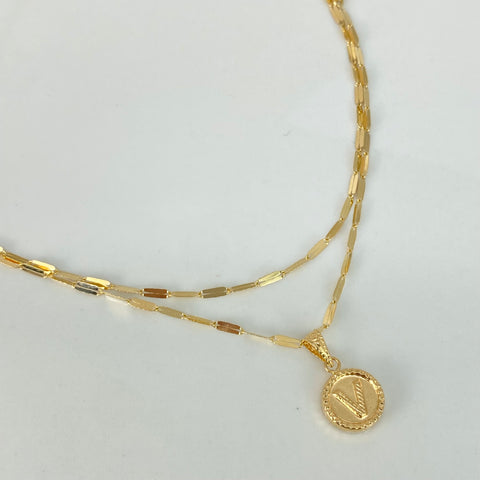 Set Cadena ● Flor Espejo + Dije Letra V Oro amarillo 18k 2,1 Gr / 1,7 mm / 45 Cm †