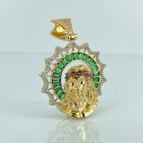 Dije Rostro Jesus Circones Blancos Verdes Oro amarillo 18k 10,47 Gr / 4,3 Cm