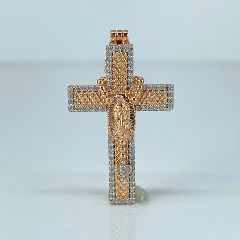 Dije Cruz Virgen Guadalupe Circones Blancos Oro blanco y Oro rosa 6,43 Gr / 4,6 Cm †