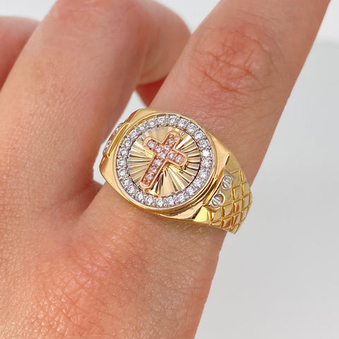 Anillo Cruz Circones Blancos Tres oros / Talla 9 1/2 / 6,85 Gr