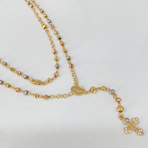 Rosario Virgen Milagrosa Circones Blancos / Bolas Diamantadas 4/3mm Tres oros 18k 7,32 Gr / 55 Cm