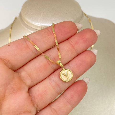 Set Cadena ● Flor Espejo + Dije Letra Y Oro amarillo 18k 2,1 Gr / 1,7 mm / 45 Cm †