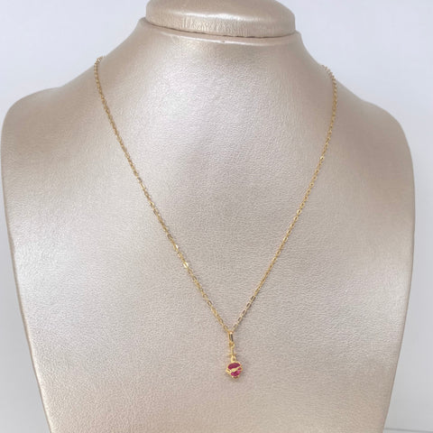Set Cadena ● Rolon + Dije Sagrado Corazon Fucsia Oro amarillo 18k 1,3 Gr / 1,5 mm / 45 Cm †