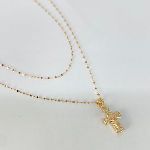 Set Cadena ● Crispeta + Dije Cruz Cristo Oro amarillo 18k 0,65 Gr / 1 mm / 45 Cm *