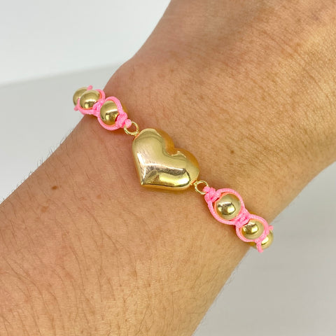 Pulsera tejida Herraje Corazon / BL 6uni 6mm / Hilo Rosa Oro amarillo 18k 2,21 Gr *