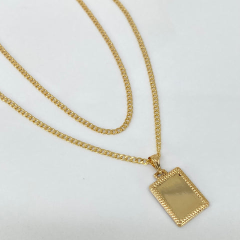 Set Cadena ● Cubana + Dije Placa Rectangular Oro amarillo 18k 2,4 Gr / 2 mm / 45 Cm *