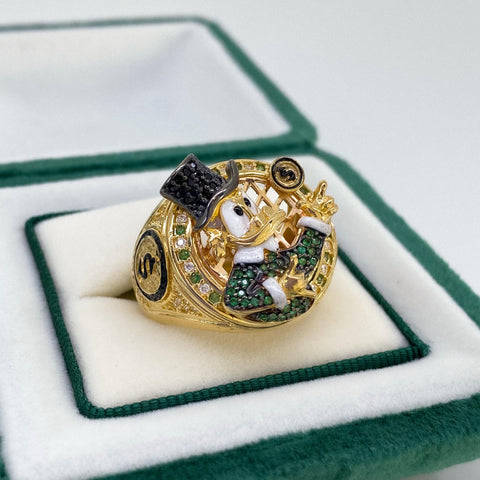 Anillo Caricatura Pato Signo $ Circones Blancos Verdes Y Negros Oro amarillo 18k / Talla 10 1/2 / 17,50 Gr *
