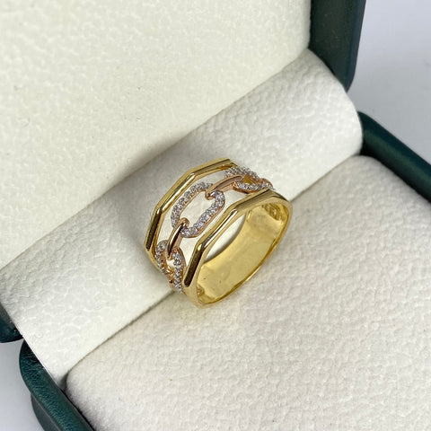 Anillo Cajón Circones Blancos Oro amarillo y Oro rosa 18k / Talla 7 / 5,22 Gr †