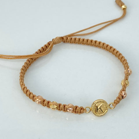 Pulsera tejida Herraje Letra K / BD 8uni 4/3mm / Hilo Beige Oro amarillo y Oro rosa 18k 1 Gr *
