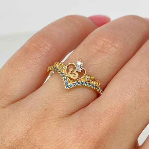 Anillo Tiara 15 Años Circones Azules Y Blancos Oro amarillo 18k / Talla 7 1/4 / 2,05 Gr