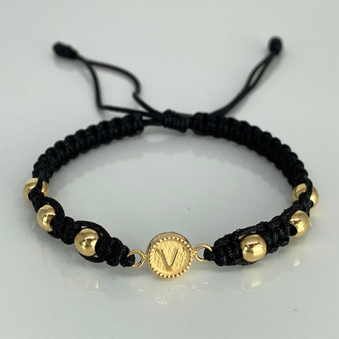 Pulsera tejida Herraje Letra V / BL 6uni 5mm / Hilo Negro Oro amarillo 18k 1,31 Gr *