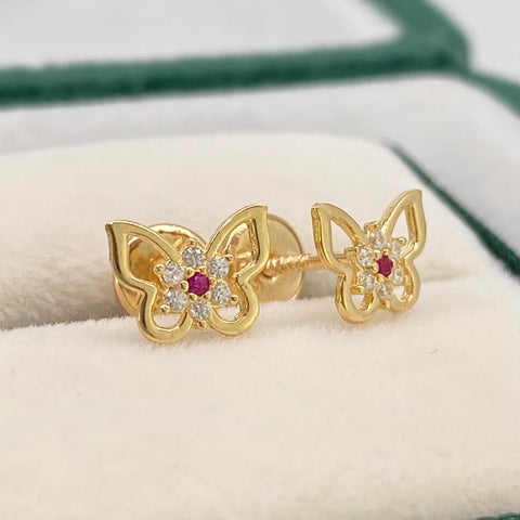 Topos Silueta Mariposa Circones Blancos Y Fucsia Oro amarillo 18k 0,83 Gr / 5,9 mm