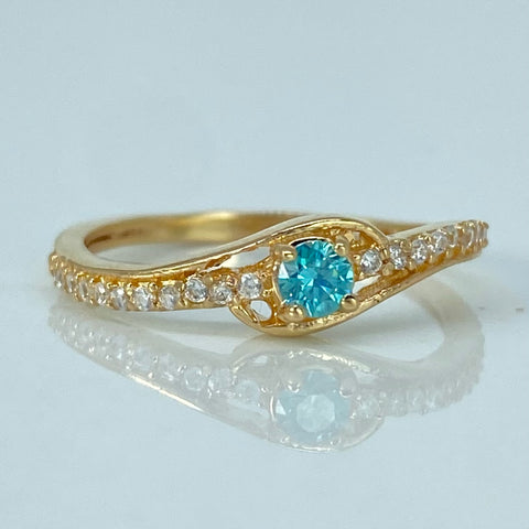 Anillo Solitario Churumbela Circones Blancos Celeste Oro amarillo / Talla 5 1/2 / 1,75 Gr