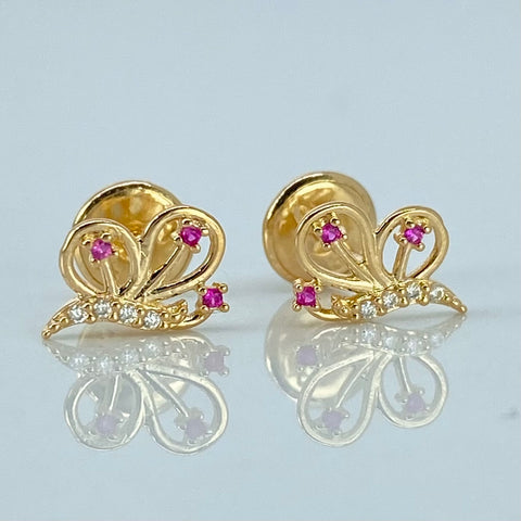 Topos Mariposa Circones Blancos Fucsias Oro amarillo 18k 0,65 Gr / 5,5 mm †