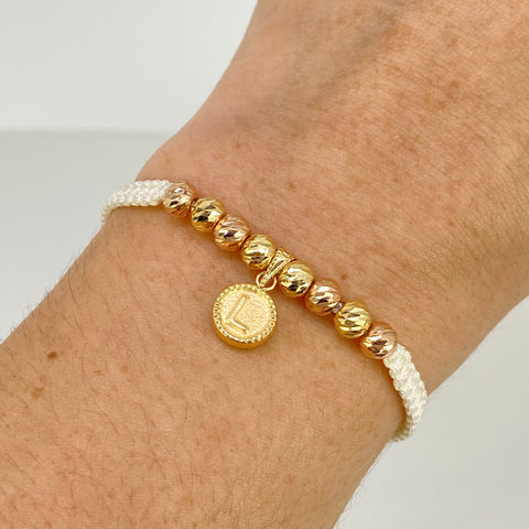 Pulsera tejida Dije Letra L / BD 8uni 5mm / Hilo Blanco Oro amarillo y Oro rosa 18k 1,32 Gr *