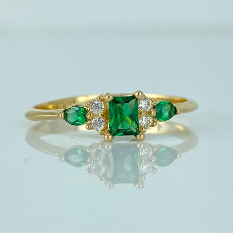 Anillo Solitario Flores Circones Verdes Blancos Oro amarillo 18k / Talla 6 3/4 / 1,78 Gr *