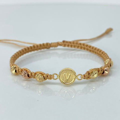 Pulsera tejida Herraje Letra V / BD 6uni 5mm / Hilo Beige Oro amarillo y Oro rosa 18k 0,97 Gr *