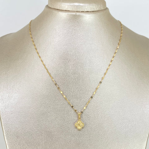Set Cadena ● Flor Espejo + Dije Trebol Oro amarillo 18k 1,4 Gr / 1,5 mm / 45 Cm *