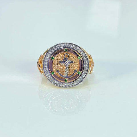 Anillo Ancla Circones Verdes y Blancos Tres Oros 18k / Talla 9 3/4 / 9,59 Gr