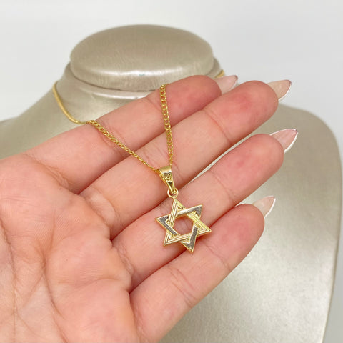 Set Cadena ● Cubana + Dije Estrella David Oro amarillo 18k 3,05 Gr / 2 mm / 60 Cm *
