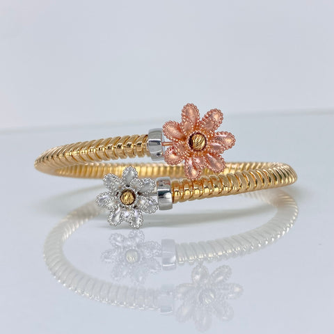 Pulso ● Aro Diamantado Flores  Tres oros 18k +3 / 15,8 Gr / 18 Cm *