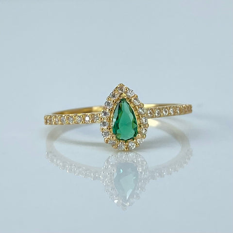 Anillo Solitario Lagrima Circones Blancos Verde Oro amarillo / Talla 6 3/4 / 1,38 Gr