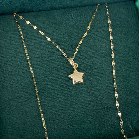 Set Cadena ● Flor Espejo + Dije Estrella Oro amarillo 18k 1,28 Gr / 1,1 mm / 50 Cm *