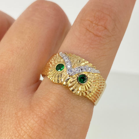 Anillo Buho Circones Blancos Verdes Oro amarillo y Oro blanco 18k / Talla 9 3/4 / 4,78 Gr †