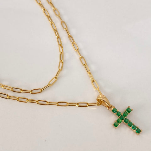 Set Cadena ● Cajon + Dije Cruz Circones Verdes Oro amarillo 18k 2,68 Gr / 2,3 mm / 45 Cm †
