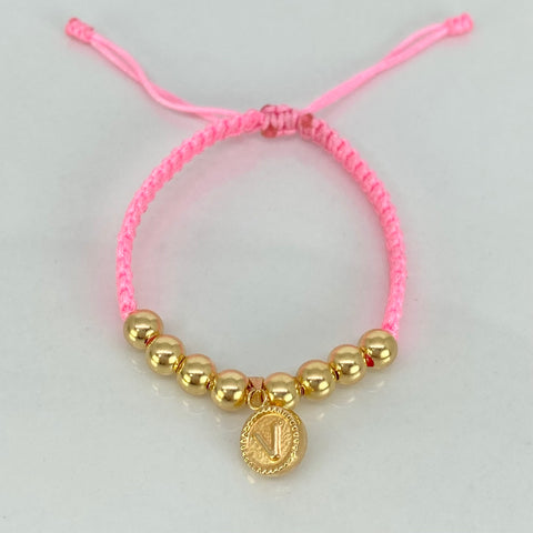 Pulsera tejida Dije Letra V / BL 8uni 5mm / Hilo Rosa Oro amarillo 18k 1,16 Gr *