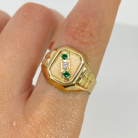 Anillo Sello 3 Circones Blancos Verdes Blanco Oro amarillo 18k / Talla 10 1/4 / 4,63 Gr