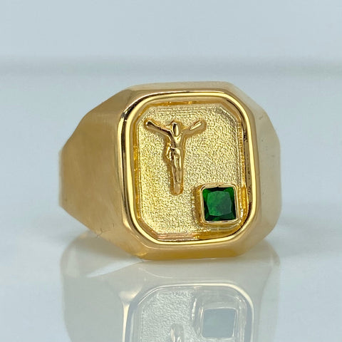 Anillo Sello Cristo Circon Verde Oro amarillo 18k / Talla 10 3/4 / 3,15 Gr *