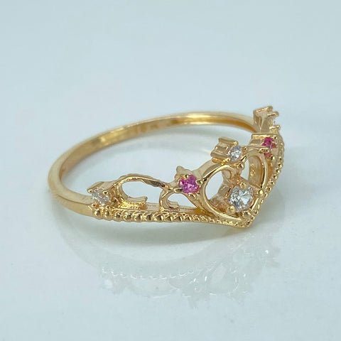 Anillo Tiara 15años Circones Blancos Rosas Oro amarillo / Talla 7 3/4 / 2,12 Gr *