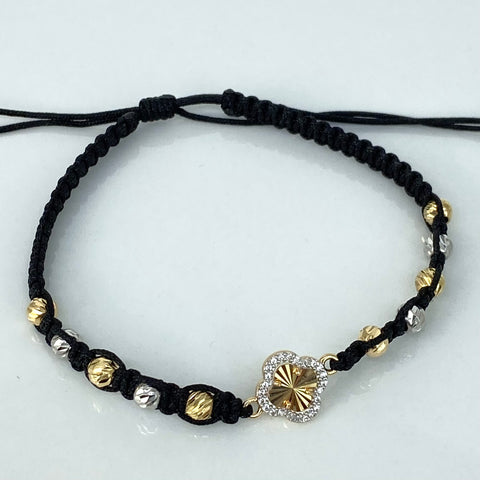 Pulsera tejida Herraje Trebol Circones / BD 10uni 4mm / Hilo Negro Oro amarillo y Oro blanco 18k 1,33 Gr *