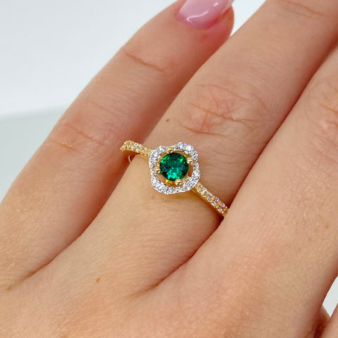 Anillo Solitario Flor Circones Blancos Verdes Oro amarillo 18k / Talla 6 3/4 / 2 Gr *