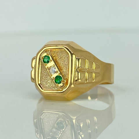 Anillo Sello 3 Circones Blancos Verdes Blanco Oro amarillo 18k / Talla 10 1/4 / 4,63 Gr