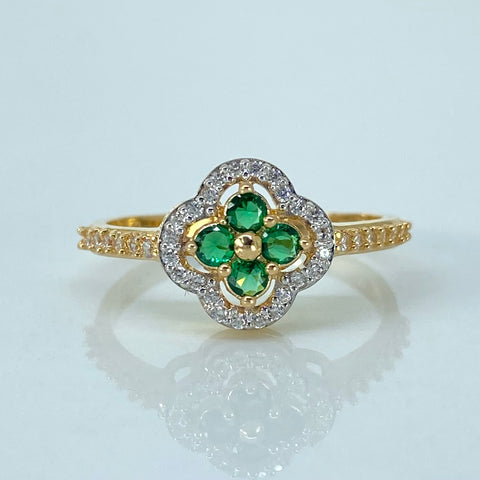 Anillo Trebol Circones Blancos Verdes Oro amarillo 18k / Talla 7 1/2 / 3,1 Gr