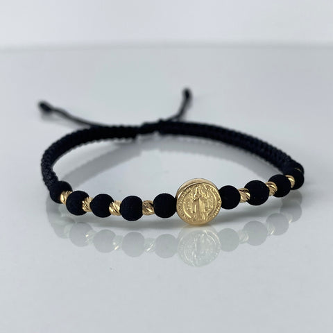 Pulsera tejida Pareja San Benito / BD 8uni 3mm / Hilo Negro Neoprenos Oro amarillo 1,25 Gr *
