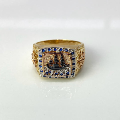 Anillo Barco Timón Circones Blancos Y Azules Tres oros 18k / Talla 10 1/2 / 8,41 Gr