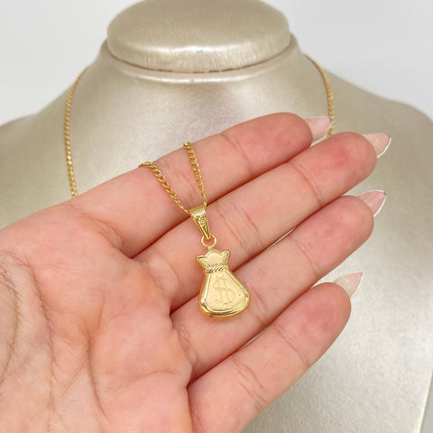 Set Cadena ● Cubana + Dije Bolsa Dinero Oro amarillo 18k 3,27 Gr / 2 mm / 60 Cm *