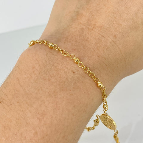 Pulso Denario Virgen Milagrosa Bolas Lisas 3mm Oro amarillo 18k 3,45 Gr / 19,5 Cm †