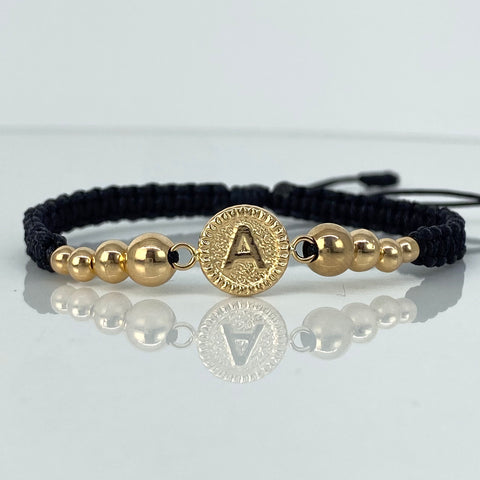 Pulsera tejida Herraje Letra V / BL 6/5/4/3mm / Hilo Negro Oro amarillo 18k 1,43 Gr *