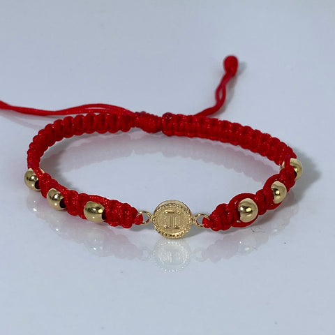 Pulsera tejida Herraje Letra I / BL 5mm 6uni / Hilo Rojo Oro amarillo 18k 1,33 Gr *