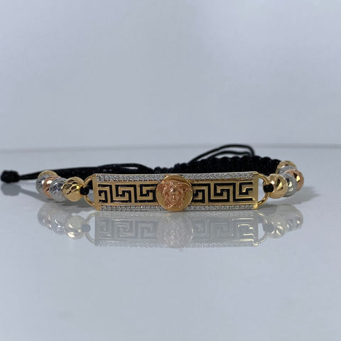 Pulsera tejida Herraje Medusa VS Circones Blancos / BD 6mm 10uni / Hilo Negro Tres oros 18k 6,29 Gr †