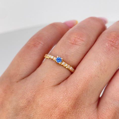 Anillo Solitario Circones Blancos Azul Oro amarillo / Talla 6 / 1,7 Gr †