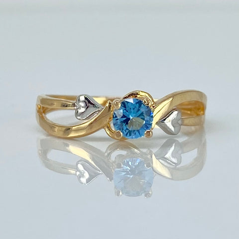 Anillo Solitario Entrelazado Circones Azul Cielo Y Blancos Oro amarillo y Oro blanco 18k / Talla 6 1/4 / 2,07 Gr *