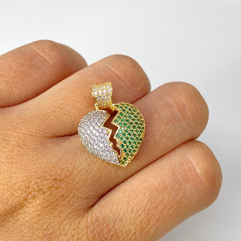 Dije Corazón Circones Blancos Y Verdes Oro amarillo 18k 2,90 Gr / 2,4 Cm  *